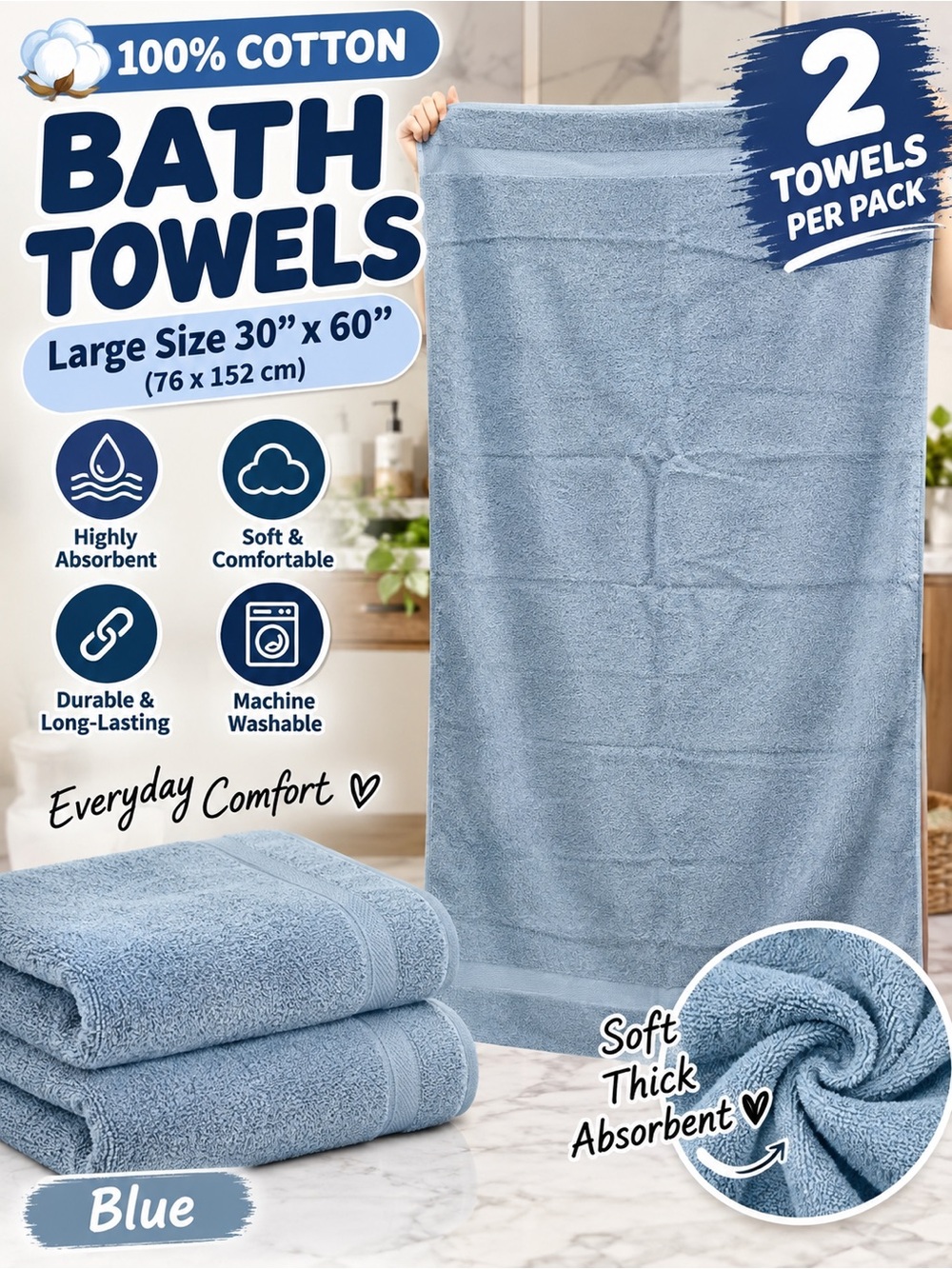 Blue Cotton Bath Towels - 2 Pack (Large)